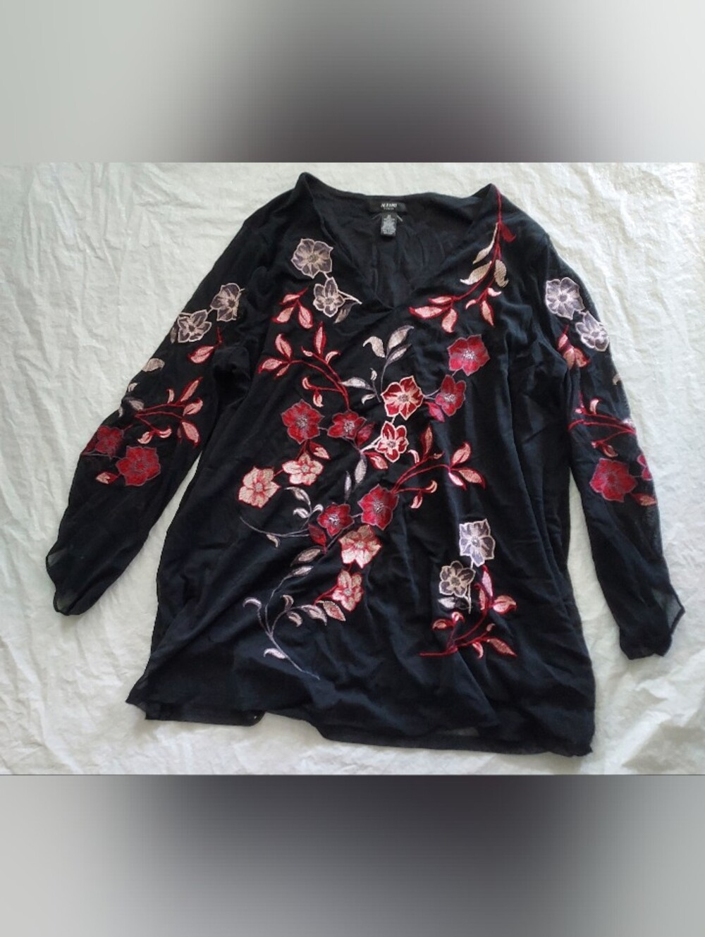 Alfani Black V-Neck Blouse with Red & Pink Floral Embroidery